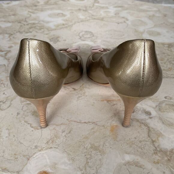 Salvatore Ferragamo Ribes Champagne Patent Leather Open Toe Pumps Heels - Picture 9 of 15